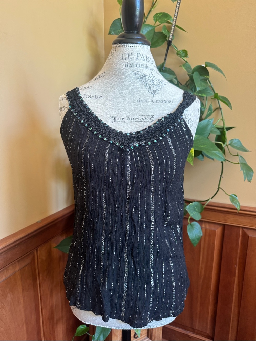 Black Beaded V-Neck Metallic-Striped Tank Top